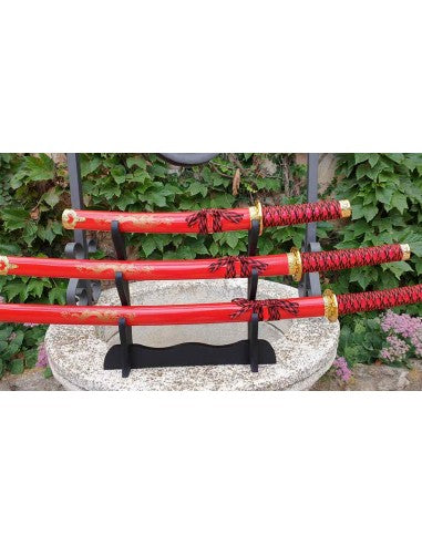 Set rojo de Katana Tanto y Wakizashi con stand