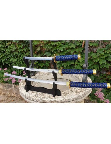 Set de Katana Wakizashi y Tanto azul con expositor