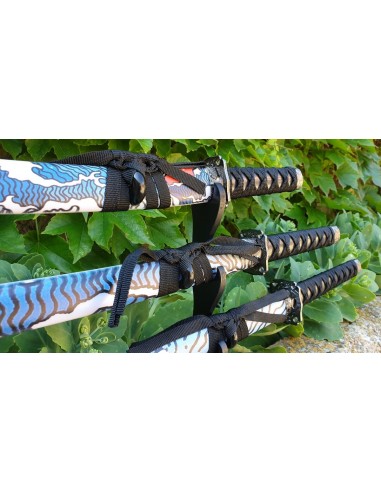 Set de 3 katanas decorado azul con soporte