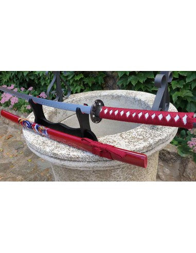 Katana acero al carbono soporte y vaina roja