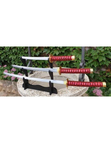 Set rojo de Katana Tanto y Wakizashi con stand