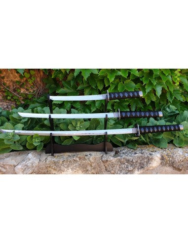 Set de 3 katanas decorado azul con soporte