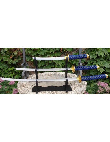 Set de Katana Wakizashi y Tanto azul con expositor