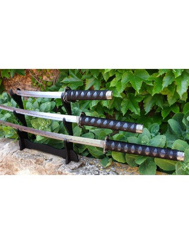 Set de 3 katanas decorado azul con soporte