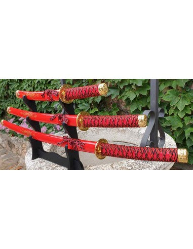 Set rojo de Katana Tanto y Wakizashi con stand