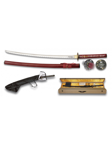 Katana roja con kit de limpieza funda caja y 2 tsubas