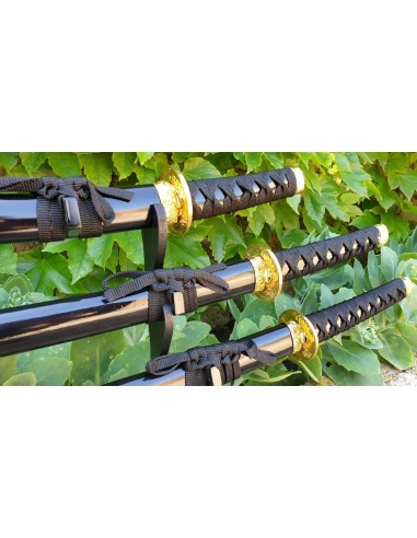 Set Katana Wakizashi y Tanto negros con soporte