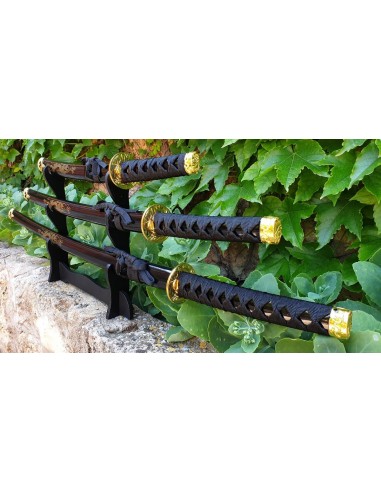 Set Katana Wakizashi y Tanto negros con soporte