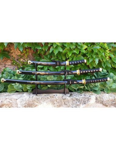 Set Katana Wakizashi y Tanto negros con soporte