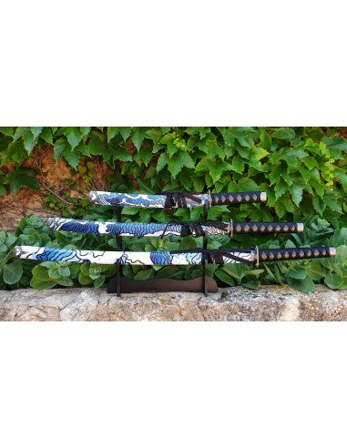 Set de 3 katanas decorado azul con soporte