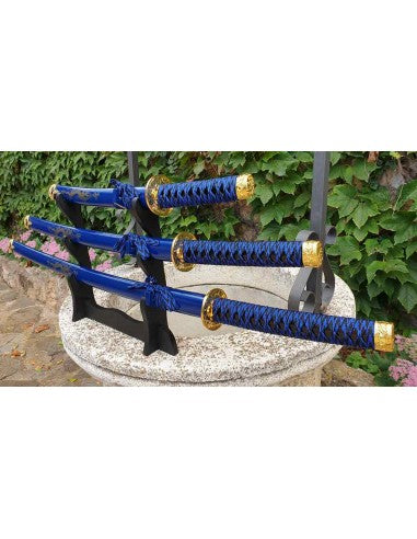 Set de Katana Wakizashi y Tanto azul con expositor